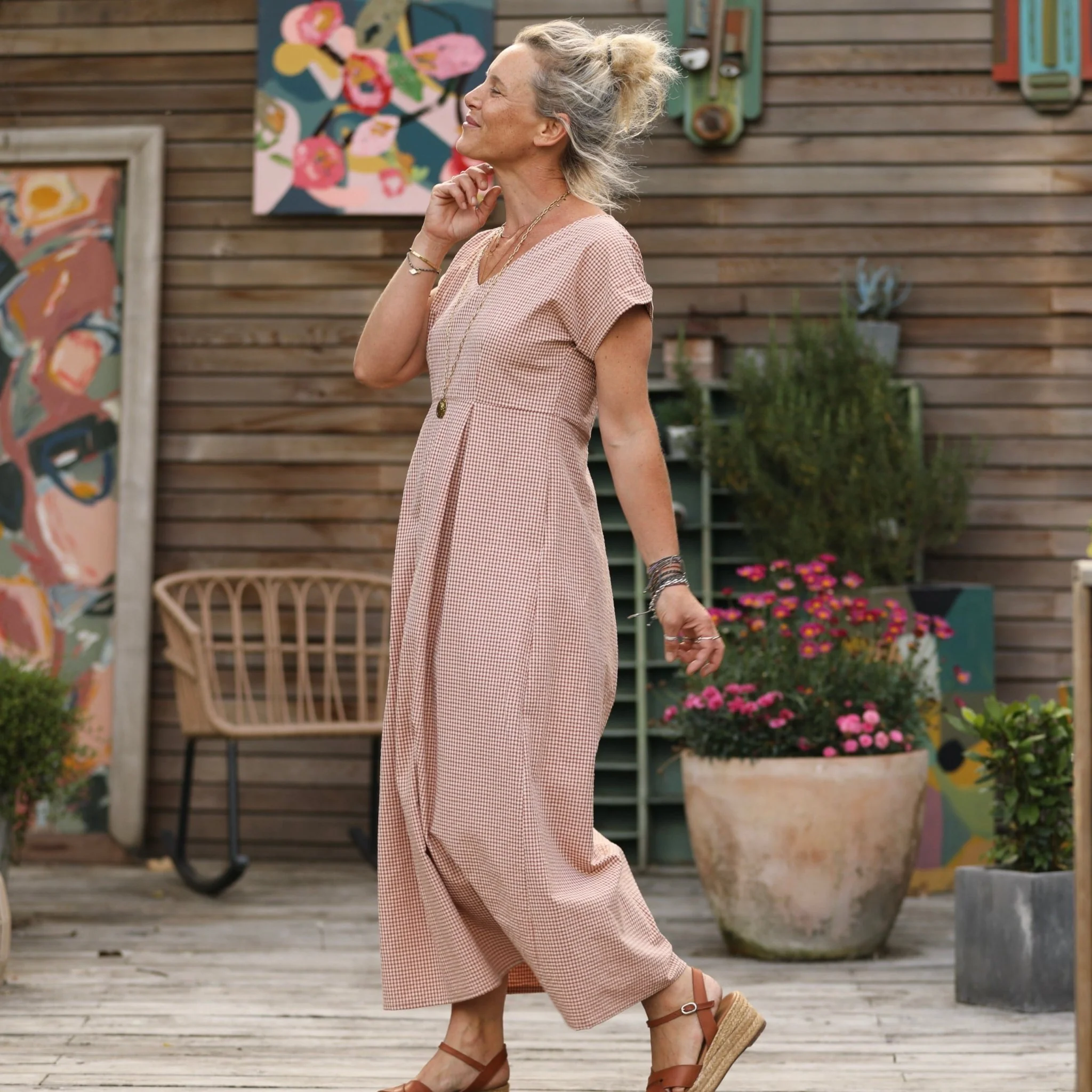 Robe longue Siloé – seersucker de coton vichy camel | Quintessence - Image 3