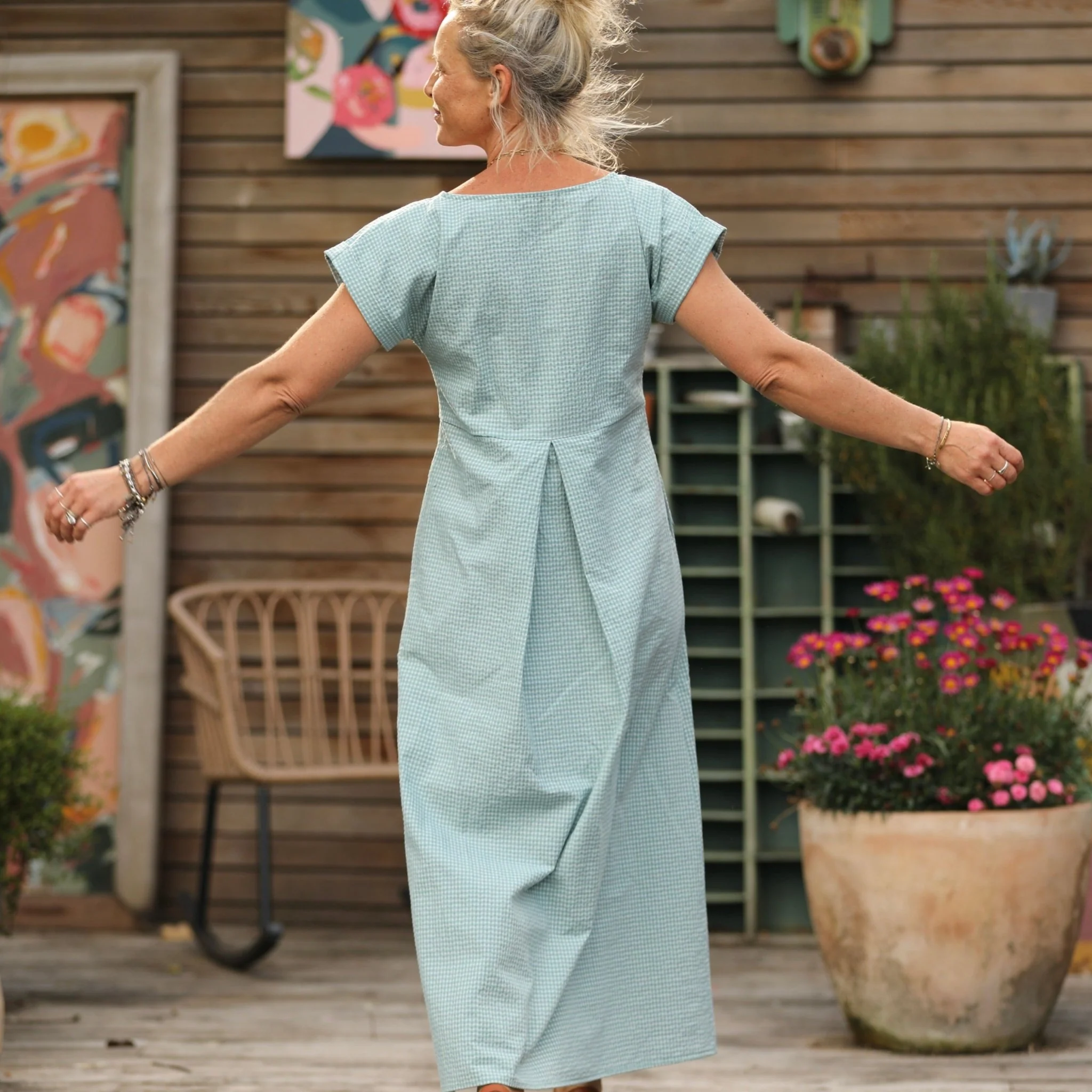 Robe longue Siloé – seersucker de coton vichy turquoise | Quintessence - Image 3