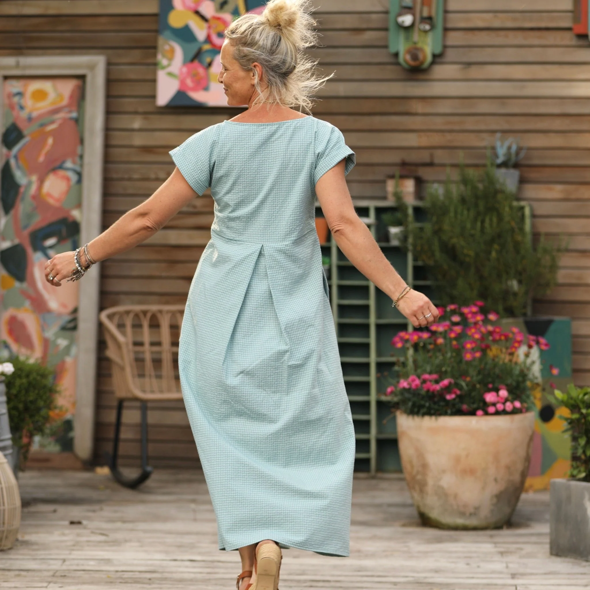 Robe longue Siloé – seersucker de coton vichy turquoise | Quintessence - Image 8
