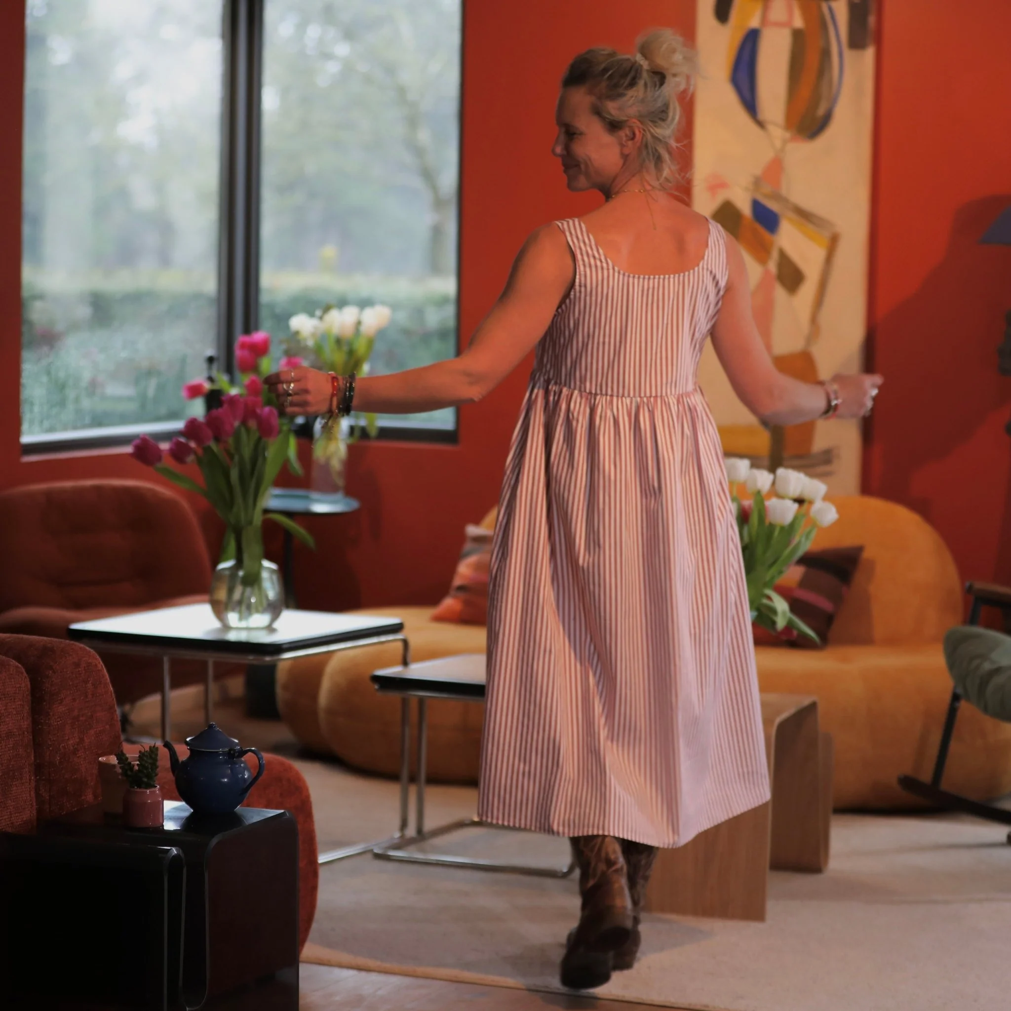 Robe Solène - coton rayé framboise - Image 3