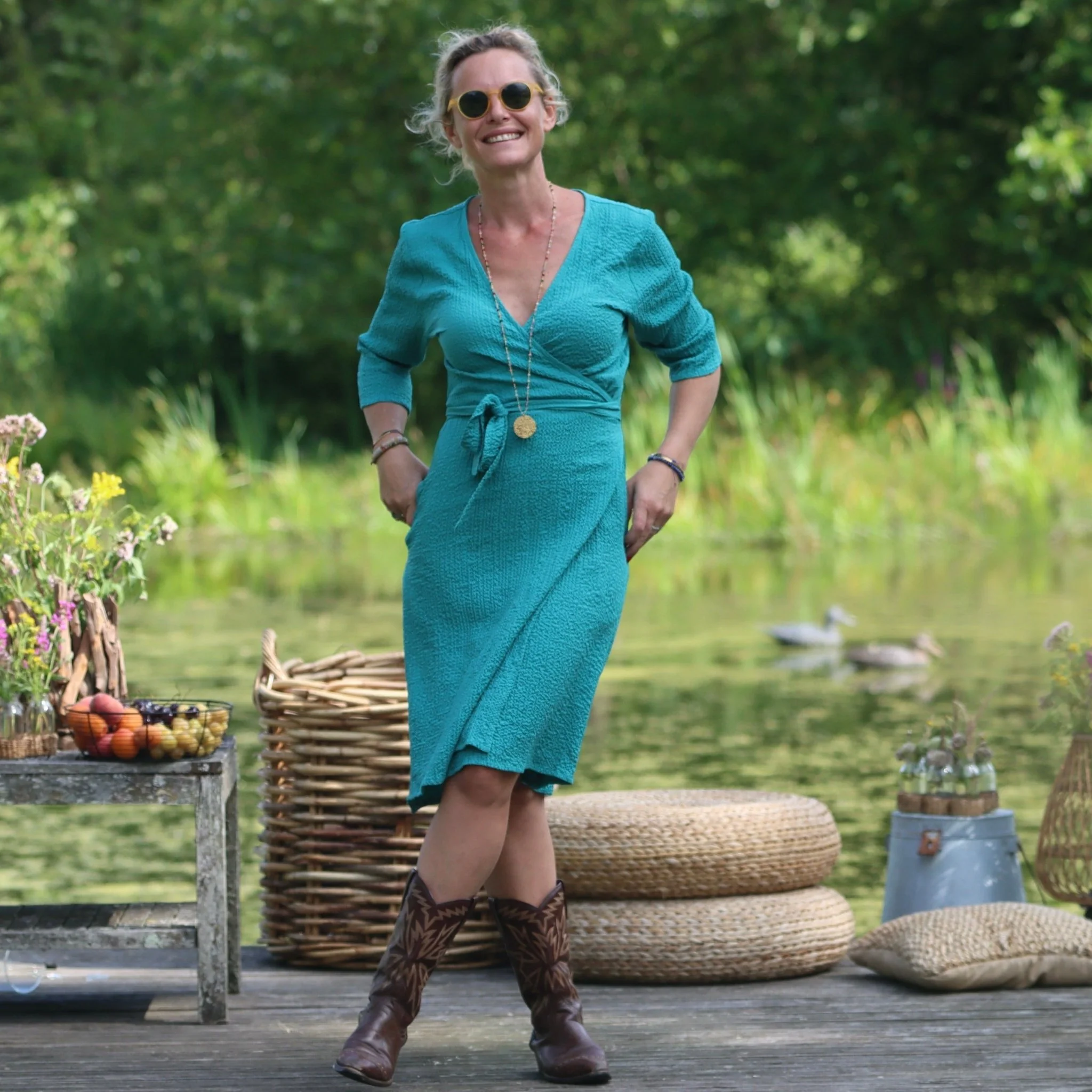 Robe Swan - Viscose gaufrée turquoise - Image 7