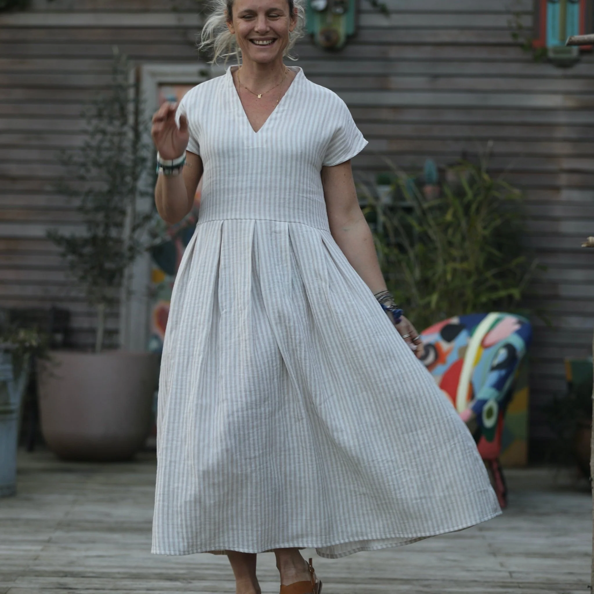 Robe Sylvette - double gaze de coton rayée ficelle/ivoire