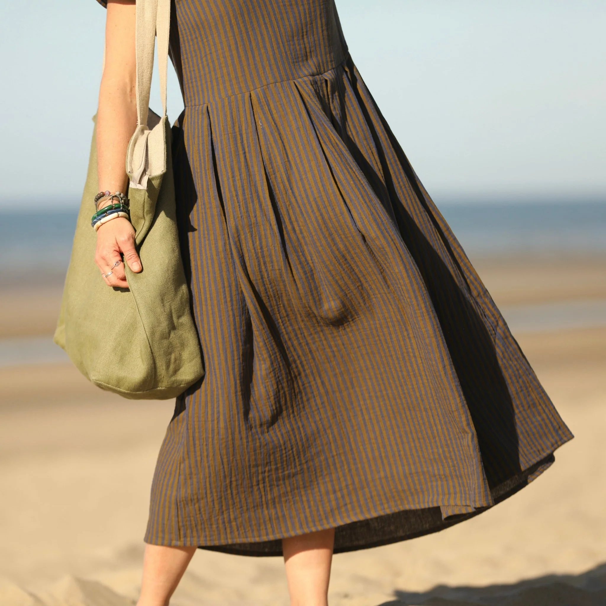 Robe Sylvette - double gaze de coton rayée kaki/marine - Image 4