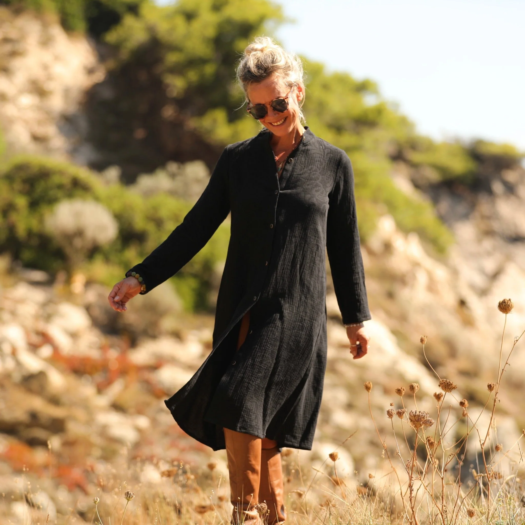 Robe Yuna - Double gaze de coton/lin jacquard fleuri noir - Image 6