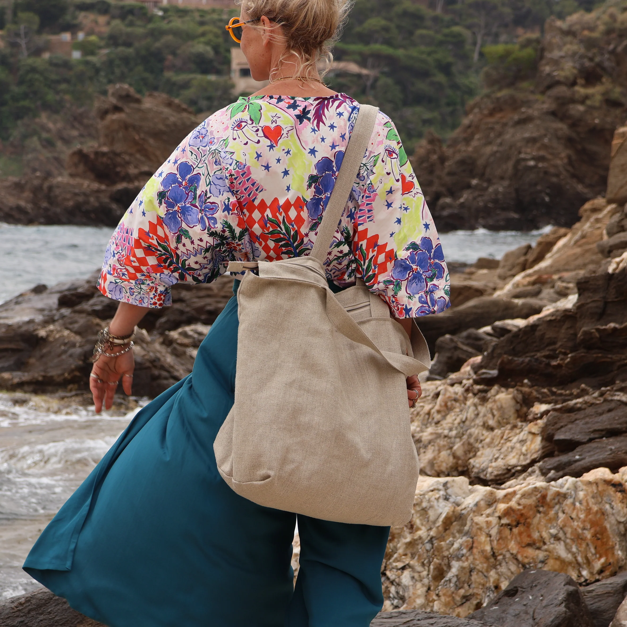 Sac Alfred en lin naturel - doublure en lin bleu majorelle - Image 15