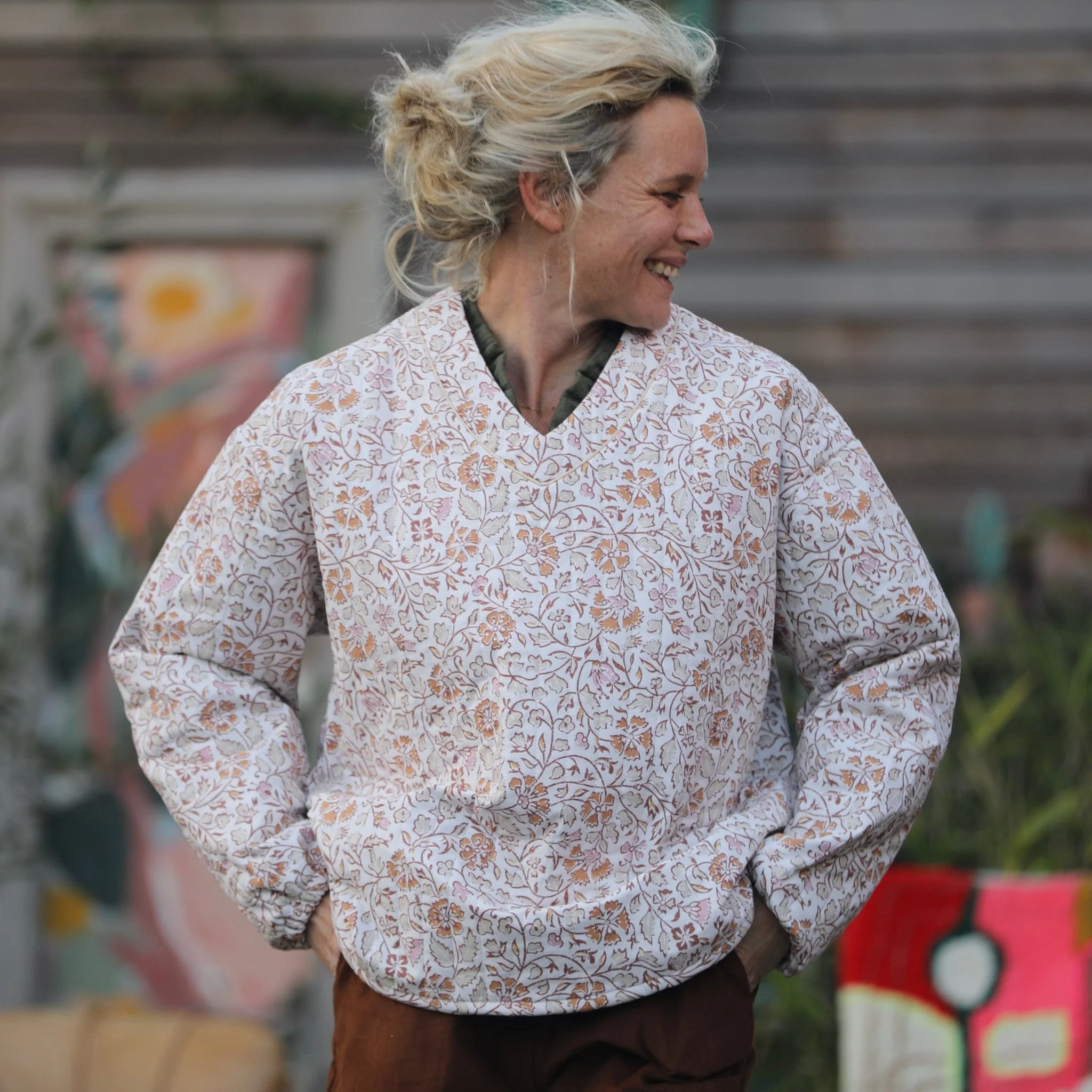 Sweat Gustave - coton matelassé fleuri automnal/ doublure fleuri rosé